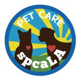Circular patch with brown silhouette of cat and dog with hearts in front of yellow and blue sky rays and white text 'Pet Care spcaLA'