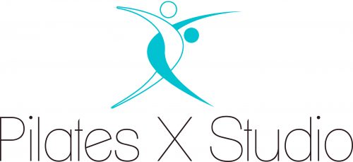 Light blue and white intertwined vertical boomerangs on top of text 'Pilates X Studio'