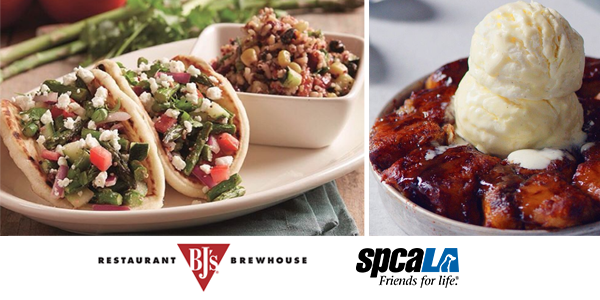 Vegetarian tacos and pizookie with scoop of ice cream on top. BJ's Restaurant and Brewhouse logo and spcaLA logo