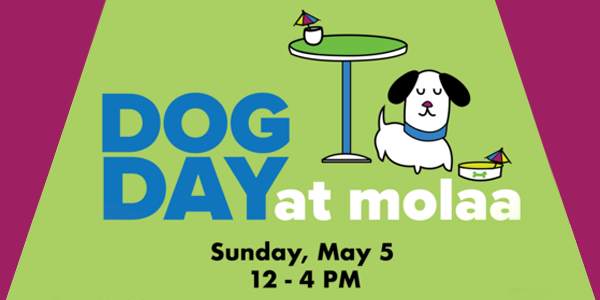 Dog day at MOLAA. Sunday, May 5. 12-4pm. Cartoon of black and white dog under table with water bowl and rainbow cocktail flag in bowl.
