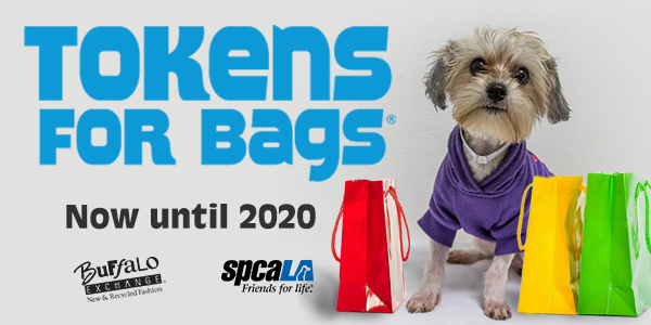 Tokens for Bags now until 2020. Buffalo Exchange logo and spcaLA logo. Small dog wearing purple shirt surrounded by shopping bags